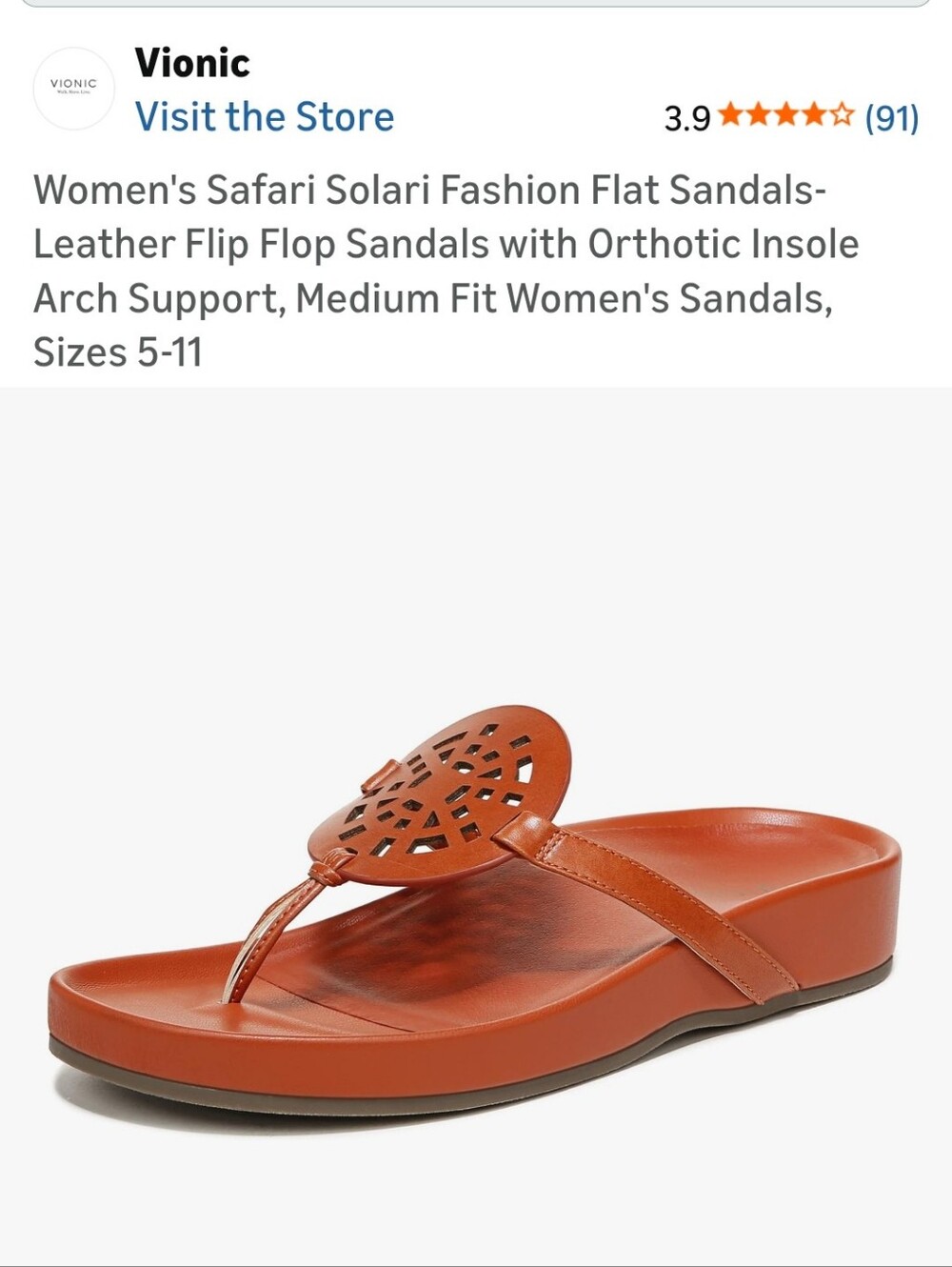 Vionic Women's Safari Solari Leather Thong Sandal - Rust Orange Size 9